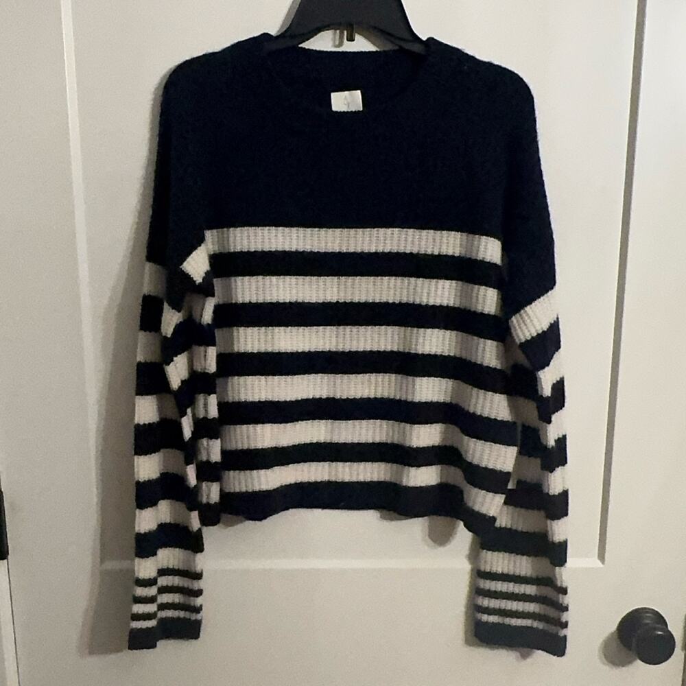 Joie Women's L Sweater 100% Cashmere Blue Striped Knit Crew Neck Pullover
